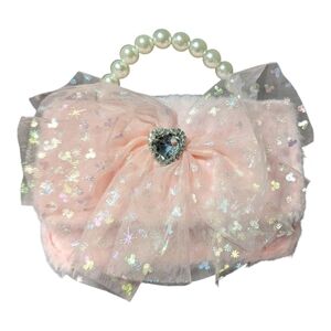 Willow & Ruby Women's Girls Pink Bow Handbag Purse Pearl Handle Soft Shiny